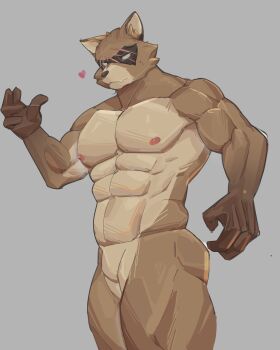 1boy abs absurdres animal_ears bara closed_mouth completely_nude cross_scar fang fortnite furry furry_male hajime_(fortnite) heart highres keromoe08 male_focus multiple_scars muscular muscular_male nipples no_penis nude null_bulge pectorals raccoon_boy raccoon_ears scar scar_across_eyes scar_on_face skin_fang