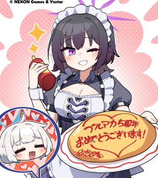 Rule 34 | 2girls, :d, ahoge, apron, black dress, black hair, blue archive, blush, bottle, breasts, cleavage, cleavage cutout, closed eyes, clothing cutout, commentary, copyright notice, dress, food, frilled apron, frills, guest art, hair between eyes, halo, hand up, heart-shaped mouth, holding, holding bottle, holding plate, junsuina fujunbutsu, ketchup bottle, maia (blue archive), maid headdress, medium breasts, multiple girls, official alternate costume, official art, omelet, omurice, one eye closed, open mouth, plate, puffy sleeves, purple halo, short hair, smile, sparkle, spoken character, subaru (blue archive), symbol-only commentary, teeth, translation request, upper body, white apron, white hair, white wrist cuffs, wrist cuffs