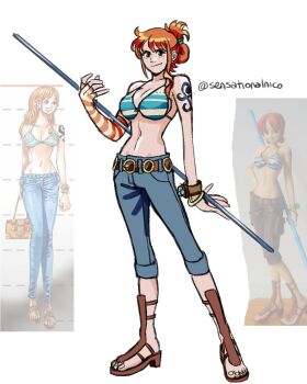 1girl adapted_costume alternate_costume bangle bare_shoulders belt belt_buckle bikini bikini_top_only blue_pants bracelet breasts buckle camouflage camouflage_bikini cleavage clima-tact closed_mouth commentary denim earrings elbow_gloves english_commentary full_body gloves gold_bangle green_bikini hair_up halterneck highres holding holding_staff jeans jewelry large_breasts log_pose long_hair looking_at_viewer nami_(one_piece) navel one_piece orange_hair pants pants_rolled_up reference_inset sandals sensationalnico shoulder_tattoo sidelocks single_glove smile solo staff standing stomach striped_clothes striped_gloves swimsuit tattoo toes twitter_username