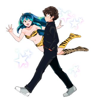 1boy 1girl animal_print annoyed blue_hair brown_hair eyelashes fang floating gakuran hands_in_pockets highres lum moroboshi_ataru navel one_eye_closed school_uniform shoes sneakers star_(symbol) takahashi_rumiko_(style) tiger_print urusei_yatsura zbura