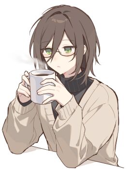 1girl black-framed_eyewear black_shirt blush brown_hair brown_jacket closed_mouth commentary_request cup glasses green_eyes hair_between_eyes hijiri_(resetter) holding holding_cup jacket long_sleeves mug nao_(hijiri) original puffy_long_sleeves puffy_sleeves semi-rimless_eyewear shirt simple_background sleeves_past_wrists solo turtleneck turtleneck_shirt under-rim_eyewear upper_body white_background