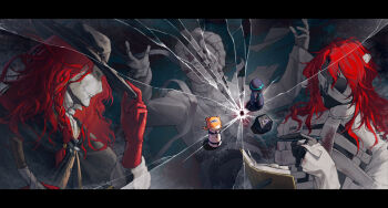 3boys adjusting_clothes adjusting_headwear aleph_(reverse:1999) arms_up bandaged_head bandages black_cape black_gloves black_hat black_mask broken_glass cape chess_piece clipboard covered_eyes crack cracked_mask dark_background dice glass gloves hand_on_headwear hand_up hands_up hat holding holding_clipboard holding_pen jacket letterboxed long_hair male_focus merlin_(reverse:1999) mu'ou_muou multiple_boys multiple_persona pen polyhedral_dice profile red_gloves red_hair reverse:1999 solo_focus sonetto_(reverse:1999) the_idealist_(reverse:1999) upper_body vertin_(reverse:1999) white_jacket