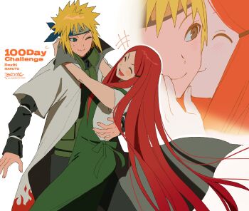 Rule 34 | 1boy, 1girl, ;), arm around back, arms around neck, betti (xx betti), blonde hair, closed mouth, dress, forehead protector, hair ornament, hairclip, hetero, highres, husband and wife, konohagakure symbol, long hair, long sleeves, looking at another, lower teeth only, multiple views, namikaze minato, naruto (series), naruto shippuuden, one eye closed, open mouth, red hair, short hair, short sleeves, smile, spiked hair, teeth, uzumaki kushina, very long hair