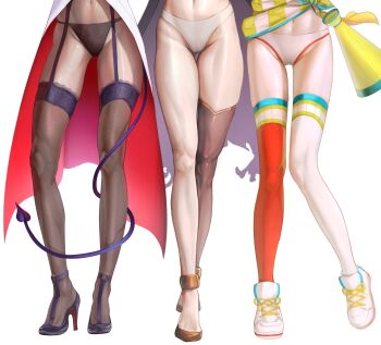 3girls black_cape black_thighhighs cape contrapposto demon_girl demon_tail gluteal_fold gold_shoes gold_trim groin high_heels highres hololive hololive_english lab_coat legs long_legs lower_body megaphone mori_calliope mori_calliope_(1st_costume) multiple_girls navel oozora_subaru oozora_subaru_(1st_costume) panties shiny_skin shirt shoes simple_background single_thighhigh skindentation sneakers solo spicyyrum standing striped_clothes striped_shirt tail tail_around_own_leg thigh_gap thighhighs thighs toe_cleavage torn_cape torn_clothes underwear upskirt virtual_youtuber wardrobe_malfunction white_background white_panties yuzuki_choco yuzuki_choco_(1st_costume)