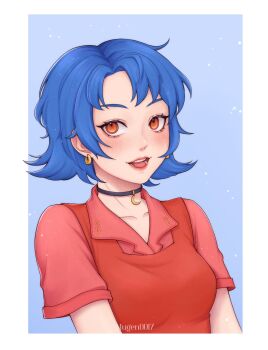 1girl absurdres artist_name black_choker blue_background blue_hair border choker collared_shirt commentary ear_piercing emily_(stardew_valley) english_commentary highres lips looking_at_viewer mugen0017 open_mouth outside_border piercing pink_lips red_eyes red_shirt red_vest shirt short_hair short_sleeves simple_background smile solo stardew_valley teeth upper_teeth_only vest white_border