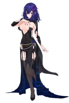 1girl a888_n22 absurdres alternate_costume areola_slip arm_at_side arm_up black_shoes blue_eyes blue_hair blush breasts brown_thighhighs cetacean_tail closed_mouth commentary_request commission dress fingernails fins fish_tail flower full_body grey_background hair_between_eyes hair_flower hair_ornament highres jewelry kemono_friends kemono_friends_3 large_breasts long_dress looking_at_viewer medium_hair nail_polish pixiv_commission purple_flower purple_nails shiny_skin shoes shrug_(clothing) simple_background smile solo sparkle sperm_whale_(kemono_friends) spread_fingers standing standing_on_one_leg stomach strapless strapless_dress tail thighhighs torn_clothes torn_dress variant_set