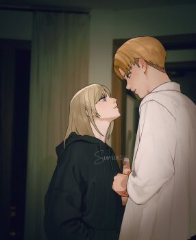 1boy 1girl annie_leonhart armin_arlert artist_name black_hoodie blonde_hair blue_eyes blurry blurry_background bottle closed_mouth collared_shirt commentary contemporary curtains english_commentary highres holding holding_bottle hood hood_down hoodie indoors looking_at_another medium_hair parted_bangs parted_lips shingeki_no_kyojin shirt short_hair sumiensp upper_body white_shirt