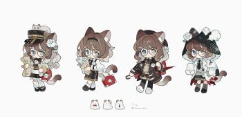 1girl animal_ear_fluff animal_ears bag ball_hands black_hairband black_hat black_hood black_necktie black_shoes blue_eyes brown_hair brown_jacket brown_shorts brown_socks cat_ears cat_girl cat_tail chibi chibi_only closed_mouth full_body glasses grey_eyes grey_sweater hairband hat heterochromia highres holding holding_bag holding_newspaper hood hood_up jacket kanae_(cookie) lab_coat long_sleeves looking_at_viewer multiple_views necktie newspaper open_clothes open_jacket open_mouth original round_eyewear shoes short_hair shorts simple_background sleeves_past_fingers sleeves_past_wrists socks standing sweater tail twitter_username white_background white_shoes white_socks