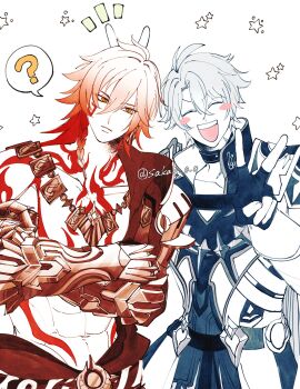 2boys ? abs antenna_hair arm_tattoo armlet armor black_choker black_coat black_gloves black_shirt blonde_hair braid chest_tattoo choker clawed_gauntlets closed_eyes coat crossed_arms earrings facial_tattoo fingerless_gloves gloves gold_earrings gold_necklace gradient_hair highres honkai:_star_rail honkai_(series) jewelry looking_at_viewer male_focus medium_hair multicolored_hair multiple_boys mydei_(honkai:_star_rail) neck_tattoo necklace notice_lines open_clothes open_coat parted_bangs pauldrons phainon_(honkai:_star_rail) red_hair red_tattoo sakae_0_0 shirt short_hair shoulder_armor side_braid single_pauldron spoken_question_mark sun_symbol sun_tattoo tan tattoo toned toned_female twitter_username v white_coat white_hair yellow_eyes