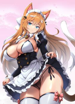 Rule 34 | absurdres, animal ear fluff, animal ears, apron, aqua eyes, bell, bikini, bikini top only, black panties, breasts, brown hair, cat ears, cat girl, cat tail, choukou (alicesoft), choukou taisen escalation heroines, clothes lift, commentary request, dha, frilled apron, frilled skirt, frills, highres, large breasts, lifting own clothes, long hair, long sleeves, looking at viewer, maid headdress, multicolored hair, neck bell, panties, puffy long sleeves, puffy sleeves, side-tie panties, skirt, skirt lift, swimsuit, tail, thighhighs, two-tone hair, underwear, waist apron, white hair, white thighhighs