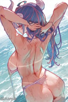 1girl ahoge arms_behind_head ass back bikini blue_hair breasts commentary english_commentary from_behind highres horns klopsiak long_hair multicolored_hair one_piece partially_submerged pink_hair sideboob solo swimsuit twintails two-tone_hair ulti_(one_piece) wet white_bikini white_horns