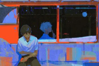 2boys black_hair black_pants closed_eyes evangelion:_3.0_you_can_(not)_redo headphones highres ikari_shinji male_focus multiple_boys nagisa_kaworu neon_genesis_evangelion pants rebuild_of_evangelion sberrymacchiato shirt sitting subway white_hair white_shirt window
