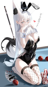 1girl absurdres alternate_costume animal_ear_fluff animal_ear_hairband animal_ears black_hairband black_leotard blush breasts card cleavage clothes_lift covering_own_mouth cue_stick extra_ears fake_animal_ears fishnet_thighhighs fishnets fox_ears fox_girl fox_tail green_eyes hair_between_eyes hairband highres holding holding_pole holding_with_tail hololive large_breasts leotard long_hair no_shoes on_table playboy_bunny playing_card poker_chip poker_table pole prehensile_tail rabbit_ear_hairband rabbit_ears seiza shirakami_fubuki shirt shirt_lift sidelocks simple_background sitting solo strapless strapless_leotard table tail tanishi_(hetianming11093) thighhighs virtual_youtuber white_background white_hair white_shirt