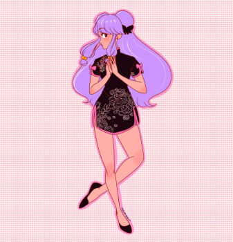 1girl chinese_clothes double_bun dress hair_bun long_hair pink_eyes purple_hair ranma_1/2 ribbon shampoo_(ranma_1/2)