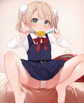 1girl backpack bag barefoot blue_dress bow bowtie brown_hair closed_mouth commentary_request crime_prevention_buzzer crime_prevention_buzzer_threat dress festa11307070 flat_chest green_eyes hair_ornament indie_virtual_youtuber loli long_sleeves looking_at_viewer paid_reward_available panties pantyshot pinafore_dress pom_pom_(clothes) pom_pom_hair_ornament randoseru red_bag red_bow red_bowtie shigure_ui_(vtuber) shigure_ui_(young)_(vtuber) shirt sitting sleeveless sleeveless_dress smile solo spread_legs twintails underwear unworn_backpack unworn_bag variant_set virtual_youtuber white_panties white_shirt