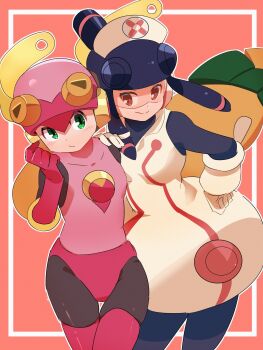 2girls 3suisousui assault_visor black_bodysuit blonde_hair blush bodysuit dress gloves green_eyes hand_on_another&#039;s_shoulder hand_on_own_hip hat helmet highres long_hair looking_at_another low-tied_long_hair meddy.exe_(mega_man) mega_man_(series) mega_man_battle_network_(series) mega_man_battle_network_5 multiple_girls netnavi nurse_cap pink_gloves purple_bodysuit purple_hair red_eyes rivalry roll.exe_(mega_man) smile white_dress white_gloves