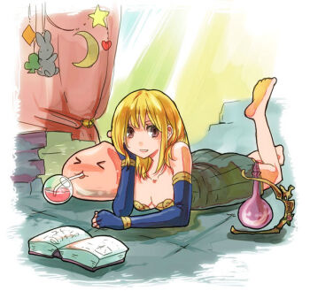 1girl alchemist_(ragnarok_online) bad_id barefoot blonde_hair blue_gloves book breasts brown_eyes cleavage commentary_request dress elbow_gloves fingerless_gloves full_body gloves grey_dress lala_(sputnik) long_hair looking_at_viewer lying medium_breasts on_stomach open_mouth poring potion ragnarok_online short_dress slime_(creature) smile solo strapless strapless_dress the_pose