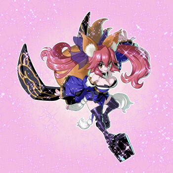 1girl absurdres animal_ear_fluff animal_ears bare_shoulders blue_kimono blue_thighhighs blush bow breasts cho_suguru cleavage detached_sleeves fate/grand_order fate_(series) fox_ears fox_girl fox_tail full_body hair_between_eyes hair_bow highres japanese_clothes kimono large_breasts long_hair looking_at_viewer nail_polish pink_hair platform_clogs ribbon smile solo sparkle_background split_ponytail tail tamamo_(fate) tamamo_no_mae_(fate) thighhighs yellow_eyes