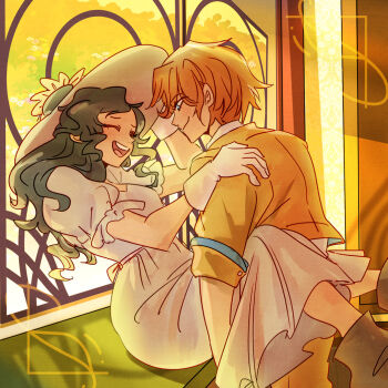 2girls :d ace_attorney alternate_hairstyle athena_cykes blue_eyes brown_hair brown_shoes dress facing_another flower gloves hat hat_flower jacket juniper_woods laughing looking_at_another ministarfruit multiple_girls open_mouth orange_hair shoes short_sleeves smile white_dress white_gloves yellow_jacket yuri