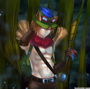 1boy animal_ears backpack bag belt blowgun brown_hair elbow_gloves closed_eyes gloves goggles goggles_on_head grin hat league_of_legends male_focus map midriff muscular navel personification rokugatsu_no_usagi short_hair smile solo spyglass strap teemo watermark