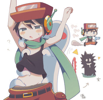 1boy ? android arms_up bayachao belt black_tank_top blonde_hair blue_eyes blush chibi clothes_pull colored_skin doukutsu_monogatari green_scarf hat jaggy_lines male_focus midriff molestation open_mouth pants pants_pull quote_(cave_story) red_headwear red_pants robot_ears scarf short_hair sweatdrop tank_top tentacles white_skin
