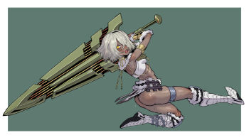 Rule 34 | 1girl, absurdres, armor, ass, bikini armor, blush, boots, bracer, breasts, chinese commentary, commentary request, dark-skinned female, dark skin, ebonyxh, eyes visible through hair, freckles, fur-trimmed boots, fur trim, greatsword, green background, hair over one eye, highres, holding, holding sword, holding weapon, looking at viewer, monster hunter (series), monster hunter wilds, open mouth, pointy breasts, ringed eyes, short hair, simple background, small breasts, eylin eyla (ebonyxh), steaming body, sweat, sword, very sweaty, weapon, white background, white hair, yellow eyes