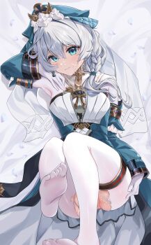 1girl absurdres blue_eyes bodystocking braid commentary_request cum cum_on_body detached_collar detached_sleeves dress facial green_dress green_hat green_sleeves hair_between_eyes hat highres honkai_(series) honkai_impact_3rd long_hair looking_at_viewer no_shoes side_braid smile solo theresa_apocalypse theresa_apocalypse_(astralop) thigh_strap torn_bodystocking torn_clothes two-tone_dress variant_set white_bodystocking white_dress white_hair yonbajai