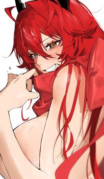 1girl ahoge black_horns blurry blush breasts commentary depth_of_field eyelashes fang from_side goddess_of_victory:_nikke grin hair_between_eyes hair_intakes highres horns large_breasts long_hair looking_at_viewer mechanical_horns orange_eyes red_hair red_hood_(nikke) red_scarf scarf shishamo_712 simple_background smile solo sweat symbol-only_commentary topless_female upper_body white_background