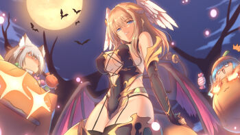 3girls bare_shoulders bat_(animal) black_leotard black_sleeves blue_eyes borrowed_character breasts brown_hair cat_with_a_brush cleavage demon_girl demon_horns demon_tail demon_wings detached_sleeves eunie_(xenoblade) feathered_wings from_below full_moon halloween head_wings highleg highleg_leotard highres horns large_breasts leotard looking_at_viewer looking_down low_wings medium_hair mio_(xenoblade) moon multiple_girls night pumpkin sena_(xenoblade) solo_focus strapless strapless_leotard tail white_wings wings xenoblade_chronicles_(series) xenoblade_chronicles_3