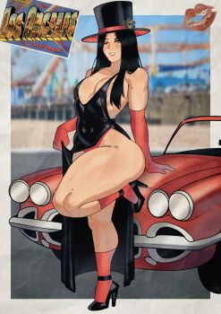 Rule 34 | 1other, androgynous, arm support, black dress, black hair, blurry, blurry background, breasts, car, chevrolet, chevrolet corvette, chevrolet corvette c1, clothes lift, convertible, dress, dress lift, eyeshadow, gloves, guilty gear, guilty gear strive, hat, high heels, highleg, highleg panties, highres, johnv, knee up, leaning against vehicle, lipstick mark, long hair, looking at viewer, makeup, motor vehicle, one eye closed, other focus, panties, panty peek, photo background, pinup (style), postcard, red car, red gloves, side slit, small breasts, smile, socks, testament (guilty gear), thick thighs, thighs, top hat, underwear, wide hips