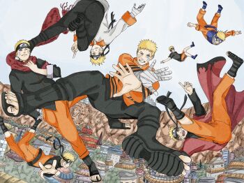 6+boys bandaged_arm bandages black_headband black_shirt blonde_hair blue_eyes blue_headband boots boruto:_naruto_next_generations brentonsart building commentary facial_mark falling forehead_protector grin headband highres jacket konohagakure_symbol male_focus midair multiple_boys multiple_persona naruto:_the_last naruto_(classic) naruto_(series) naruto_shippuuden one_eye_closed open-toe_boots orange_jacket orange_pants pants red_scarf scarf sennin_mode shirt smile t-shirt town uzumaki_naruto v whisker_markings
