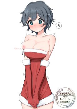 1girl absurdres arrow_(symbol) artist_name bare_shoulders black_hair blue_eyes blush breasts bright_pupils cleavage clothes_pull collarbone commentary_request covering_crotch covering_privates cowboy_shot dress dress_pull elbow_gloves embarrassed fur-trimmed_dress fur-trimmed_gloves fur_trim gloves highres large_breasts looking_down motion_lines nipple_slip nipples nose_blush original pulling_own_clothes red_dress red_gloves santa_costume santa_dress short_dress short_hair signature simple_background skindentation solo speech_bubble strapless strapless_dress translation_request v_arms white_background wide-eyed zagashira