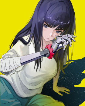 1girl absurdres android bandaged_arm bandages black_eyes black_hair blush breasts closed_mouth collarbone highres long_hair mechabare misaki_(terminator_zero) mole mole_under_mouth omegarer red_scrunchie scrunchie shadow shirt short_sleeves simple_background spoilers terminator_(series) terminator_zero white_shirt wrist_scrunchie yellow_background