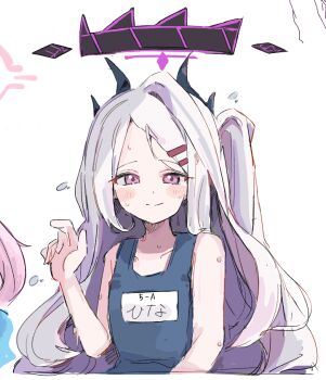 1girl blue_archive blue_one-piece_swimsuit blush closed_mouth collarbone demon_horns hair_ornament hairclip halo hina_(blue_archive) hina_(swimsuit)_(blue_archive) horns long_hair looking_at_viewer multiple_girls name_tag official_alternate_costume one-piece_swimsuit one_side_up pink_hair purple_eyes school_swimsuit simple_background smile solo_focus swimsuit upper_body white_background white_hair youbi_(0ver_sd)