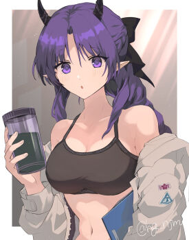 1girl :o alternate_costume arknights bare_shoulders book bow breasts collarbone commentary_request cup hair_bow hibiscus_(arknights) hibiscus_the_purifier_(arknights) highres holding holding_book holding_cup horns jacket jacket_partially_removed long_hair looking_at_viewer medium_breasts mug navel noshima open_clothes open_jacket open_mouth pointy_ears purple_eyes purple_hair rhodes_island_logo_(arknights) solo sports_bra upper_body