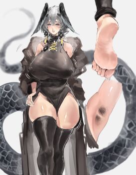 1girl absurdres arknights armpit_hair armpits barefoot blush breasts covered_erect_nipples feet grey_eyes grey_hair hair_wings highres ho&#039;olheyak_(arknights) large_breasts looking_at_viewer medium_hair parted_lips pubic_hair pubic_hair_peek soles sweat tail tiansuo_haoer toes