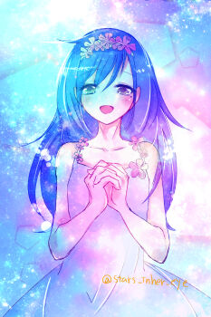 1girl absurdres artist_request bare_shoulders blue_hair blush bokutachi_wa_benkyou_ga_dekinai brown_eyes collarbone dress flower_hairband furuhashi_fumino hairband highres mole mole_under_eye open_mouth signature sky sleeveless sleeveless_dress smile solo star_(sky) starry_sky white_dress