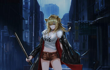 1girl absurdres animal_ears arknights black_choker black_jacket blonde_hair breasts brown_eyes brown_shorts building choker cleavage cowboy_shot fur-trimmed_jacket fur-trimmed_shorts fur_trim hair_between_eyes hammer highres holding holding_weapon jacket leather leather_jacket lee_domino lion_ears lion_girl long_hair long_sleeves looking_at_viewer medium_breasts midriff missing_tail navel open_clothes open_jacket outdoors parted_lips rain red_shorts shirt short_shorts shorts siege_(arknights) sky solo standing stomach studded_choker tank_top thighs weapon wet wet_clothes white_tank_top