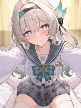 1girl black_hairband blue_pupils blush bow bowtie breasts buttons closed_mouth commentary_request double-breasted firefly_(honkai:_star_rail) firefly_(spring_missive)_(honkai:_star_rail) gradient_hair green_bow green_bowtie green_hair grey_hair grey_sailor_collar grey_skirt hair_intakes hairband highres hobio honkai:_star_rail honkai_(series) indoors large_breasts long_hair long_sleeves multicolored_hair official_alternate_costume plaid_bow plaid_bowtie plaid_clothes plaid_skirt pleated_skirt pov purple_eyes sailor_collar school_uniform shirt sitting skindentation skirt solo thighhighs two-tone_hair wariza white_shirt white_thighhighs