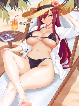1girl absurdres arm_up barefoot beach beach_chair bikini black_bikini book breasts brown_hair cleavage closed_mouth cup day drinking_glass drinking_straw earrings erza_scarlet fairy_tail flower hat hat_flower highres jewelry large_breasts looking_at_viewer navel open_clothes open_shirt red_hair shirt smile solo straw_hat swimsuit white_shirt yellow_eyes zefresh_arts