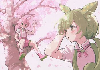 2girls alternate_color alternate_eye_color alternate_hair_color animal_ears blush brown_eyes cherry_blossoms commentary_request dual_persona falling_petals green_eyes green_hair hand_on_own_head in_tree koroneri long_hair looking_back looking_to_the_side low_ponytail multiple_girls petals pink_hair ponytail short_sleeves shorts sitting sitting_in_tree smile suspender_shorts suspenders tree voicevox zundamon