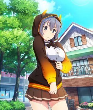 1girl ahoge balcony black_bow black_bowtie black_jacket blue_eyes blue_hair blue_sky blush bow bowtie breasts brown_skirt bush buttons chair closed_mouth cloud cowboy_shot day dot_nose flower game_cg gradient_sleeves hood hooded_jacket horned_hood horns house inconvenient_breasts jacket large_breasts long_sleeves mole mole_under_eye official_art orange_sleeves osafune_girls_academy_school_uniform outdoors railing red_flower school_uniform setouchi_chie shirt sidelocks sign skirt sky solo table third-party_source toji_no_miko toji_no_miko:_kizamishi_issen_no_tomoshibi tree white_shirt yellow_flower yellow_sleeves