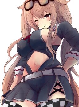 1girl absurdres adapted_costume black_skirt breasts brown_hair clothing_cutout commentary_request eyewear_on_head gloves grey_background highres hirune_(konekonelkk) kantai_collection leotard long_hair murasame_(kancolle) murasame_kai_ni_(kancolle) murasame_kai_ni_(race_queen)_(kancolle) navel navel_cutout neckerchief race_queen red_eyes revision skirt solo sunglasses thighhighs twintails