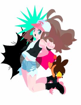1girl bag baseball_cap black_boots black_socks black_vest blue_eyes blue_shorts boots brown_hair exposed_pocket gen_5_pokemon hat highres hilda_(pokemon) long_hair long_sidelocks looking_at_viewer nintendo open_clothes open_mouth open_vest pokemon pokemon_(creature) pokemon_black_and_white shirt shorts sidelocks sleeveless sleeveless_shirt smile socks tastemamamia tepig very_long_hair vest white_background white_hat white_shirt wristband