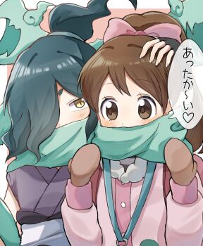 1boy 1girl aqua_hair aqua_scarf black_gloves blush bow brown_eyes brown_hair brown_mittens fingerless_gloves gloves hair_bow hair_over_one_eye hand_on_another&#039;s_head highres jacket japanese_clothes kimono kodama_fumika long_hair mittens orochi_(youkai_watch) pink_bow pink_jacket ponytail purple_kimono scarf speech_bubble translated unnchi_haha upper_body yellow_eyes youkai_(youkai_watch) youkai_watch