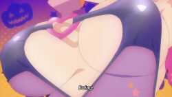 1girl animated anime_screenshot arm_behind_head ass ass_shake bent_over blue_hair bouncing_breasts breasts center_opening cleavage covered_erect_nipples demon_girl demon_tail demon_wings earrings elbow_gloves fake_horns fake_tail fake_wings gloves hair_ornament hair_scrunchie high_heels highres horns hozuki_kaede huge_ass huge_breasts jewelry jiggle large_breasts leotard looking_at_viewer multicolored_hair onii-chan_wa_oshimai! open_mouth pink_hair purple_gloves purple_leotard purple_thighhighs scrunchie sidelocks sound tail thighhighs thighs two-tone_hair video wings yellow_scrunchie