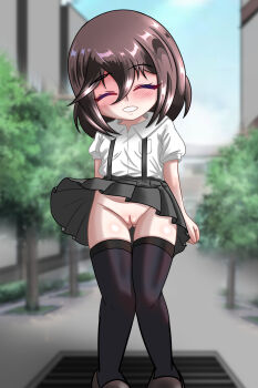 1girl black_skirt black_thighhighs blush breast_pocket brown_hair brown_shoes building bush chapio closed_eyes cloud exhibitionism flat_chest grass grate grin highres loli looking_at_viewer no_panties original pocket public_indecency puffy_sleeves pussy rui_(chapio) school_uniform sewer_grate shirt shoes short_hair short_sleeves skirt sky smile standing suspender_skirt suspenders teeth thighhighs tree white_shirt wind wind_lift