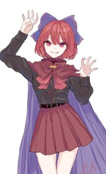 1girl arm_up belt black_belt black_shirt blue_bow blue_cape bow cape claw_pose floating_head grin hair_bow hand_up highres kashiwada_kiiho long_sleeves no_neck parted_lips pleated_skirt red_cape red_eyes red_hair red_skirt sekibanki shirt shirt_tucked_in short_hair simple_background skirt smile solo touhou two-tone_cape white_background