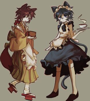 2girls absurdres alternate_costume animal_ears apron black_dress black_hair breasts brown_hair brown_shoes castlemubai cat_ears cat_girl cat_tail closed_mouth cup dress enmaided expressionless fox_ears fox_girl fox_tail frilled_apron frilled_dress frills full_body genderswap genderswap_(mtf) geta green_hakama grey_background hakama harada_minoru highres holding holding_plate japanese_clothes jitome kemonomimi_mode kimono long_sleeves maid male_focus multiple_girls open_mouth plate red_eyes red_ribbon red_sandals ribbon saibou_shinkyoku sandals shoes short_hair simple_background sleeveless sleeveless_dress small_breasts smile socks steam tail teacup tengu-geta utsugi_noriyuki wa_maid white_apron white_socks wide_sleeves yellow_kimono