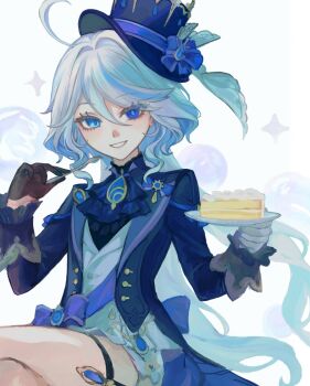 1girl ahoge ascot asymmetrical_gloves black_gloves blue_ascot blue_eyes blue_gem blue_hair blue_hat blue_jacket blue_pupils cake cake_slice food fork furina_(genshin_impact) gem genshin_impact gloves hair_between_eyes hat heterochromia highres holding holding_fork holding_plate jacket long_hair long_sleeves looking_at_viewer mismatched_gloves mismatched_pupils mizuhashisuika multicolored_hair open_clothes open_jacket open_mouth plate sitting smile solo streaked_hair thigh_strap top_hat veil wavy_hair white_background white_gloves white_hair white_veil